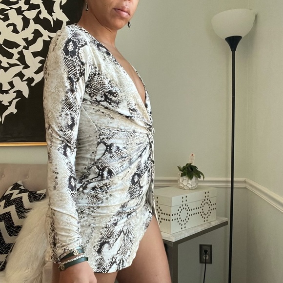 Windsor Snakeskin V-Neck Long Sleeve Faux Wrap Min Dress - Picture 2 of 7
